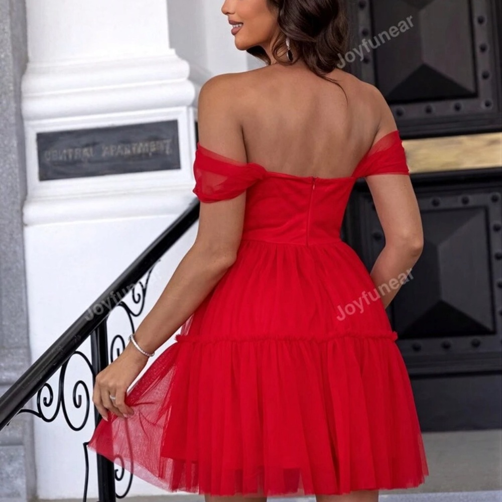 Joyfunear Off Shoulder Ruffle Hem Mesh Dress - Picture 2 of 3